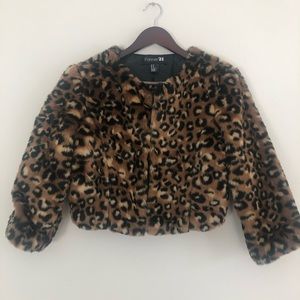Faux Fur Leopard Print Cropped Bolero Coat